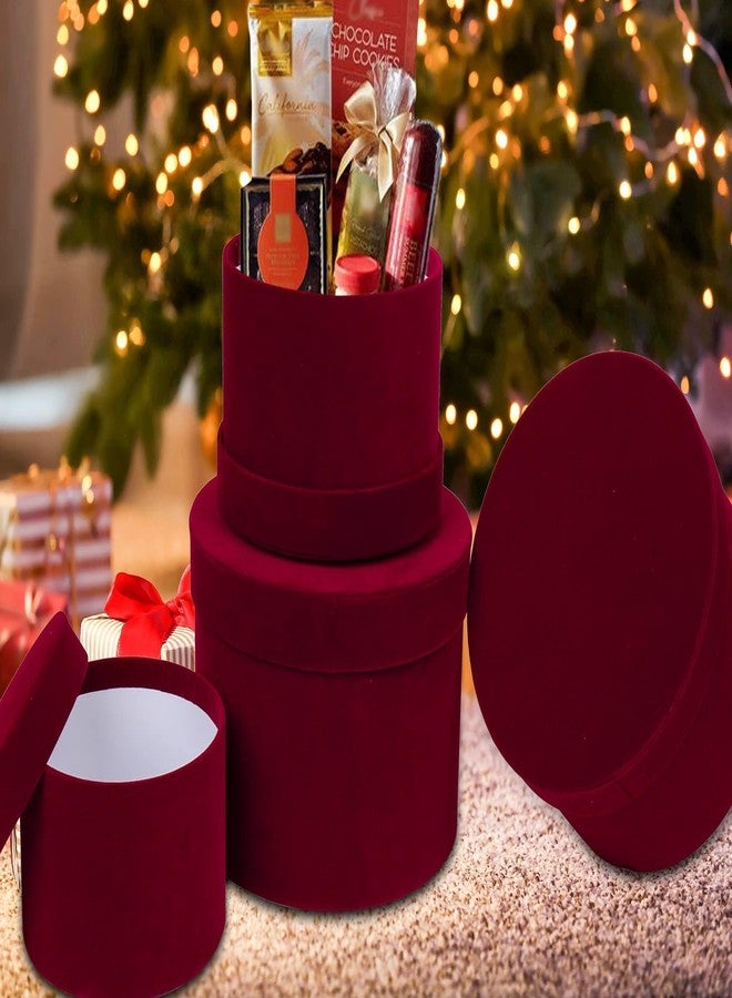GnFlus Round Gift Boxes with Lids for Presents Set of 4 Red Wine Velvet Nesting Gifts Box for Arrangements Flowers Wedding Birthday Valentines Bridesmaid Christmas Party Anniversary - Image 2