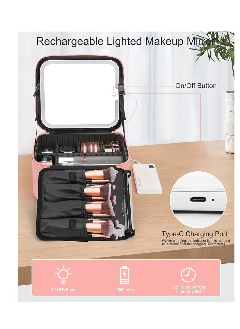 Relavel Relavel Makeup Bag with Light Up Mirror, Makeup Case Travel Cosmetic Bags Brush Organizer Storage Box, Rechargeable Vanity Mirror with 3 Color Lights, High Frame Mirror Protection (Pink)  - Image 2