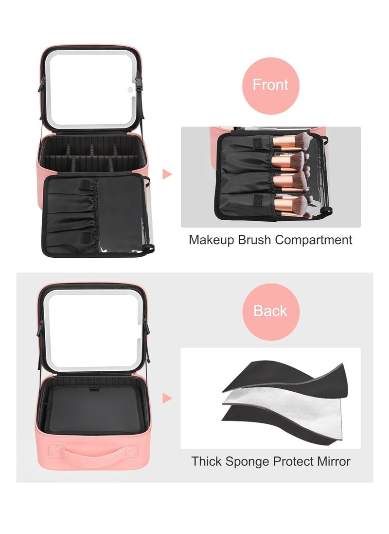 Relavel Relavel Makeup Bag with Light Up Mirror, Makeup Case Travel Cosmetic Bags Brush Organizer Storage Box, Rechargeable Vanity Mirror with 3 Color Lights, High Frame Mirror Protection (Pink)  - Image 3