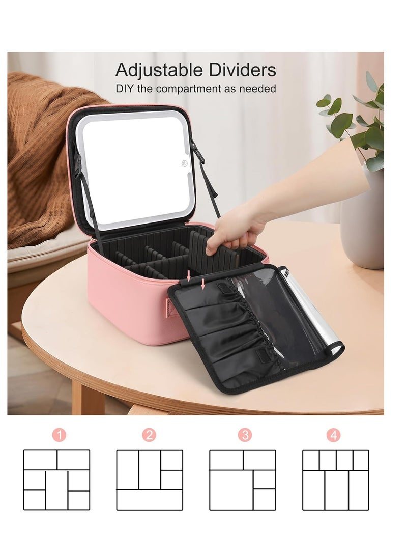 Relavel Relavel Makeup Bag with Light Up Mirror, Makeup Case Travel Cosmetic Bags Brush Organizer Storage Box, Rechargeable Vanity Mirror with 3 Color Lights, High Frame Mirror Protection (Pink)  - Image 5