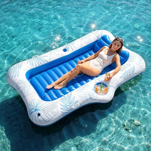 HeySplash Inflatable Pool Float for Adults Tanning Pool Lounger with Removable Pillow Cup Holders Large Sunbathing Raft for Beach Vacation Pool Floatie for Lake River Backyard Blue Leaf - Image 1