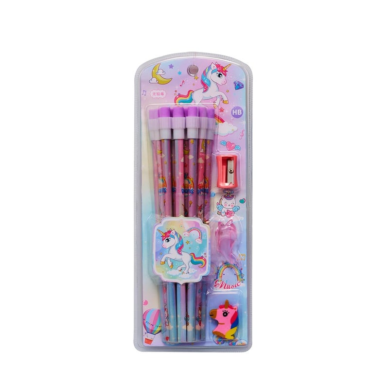 CherryBox Unicorn Pencils Stationary Kit - 12 Pencils Set with Grip Unicorn Eraser and Sharpner for Kids, Boys and Girls, Birthday Return Gift Stationary Set (Purple) - Image 1
