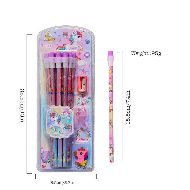 CherryBox Unicorn Pencils Stationary Kit - 12 Pencils Set with Grip Unicorn Eraser and Sharpner for Kids, Boys and Girls, Birthday Return Gift Stationary Set (Purple) - Image 3