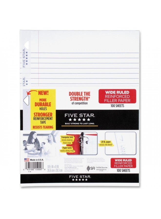 Five Star Loose Leaf Paper, Notebook Paper, Wide Ruled Filler Paper, Reinforced, 8 X 10.5, 100 Sheets (15000)