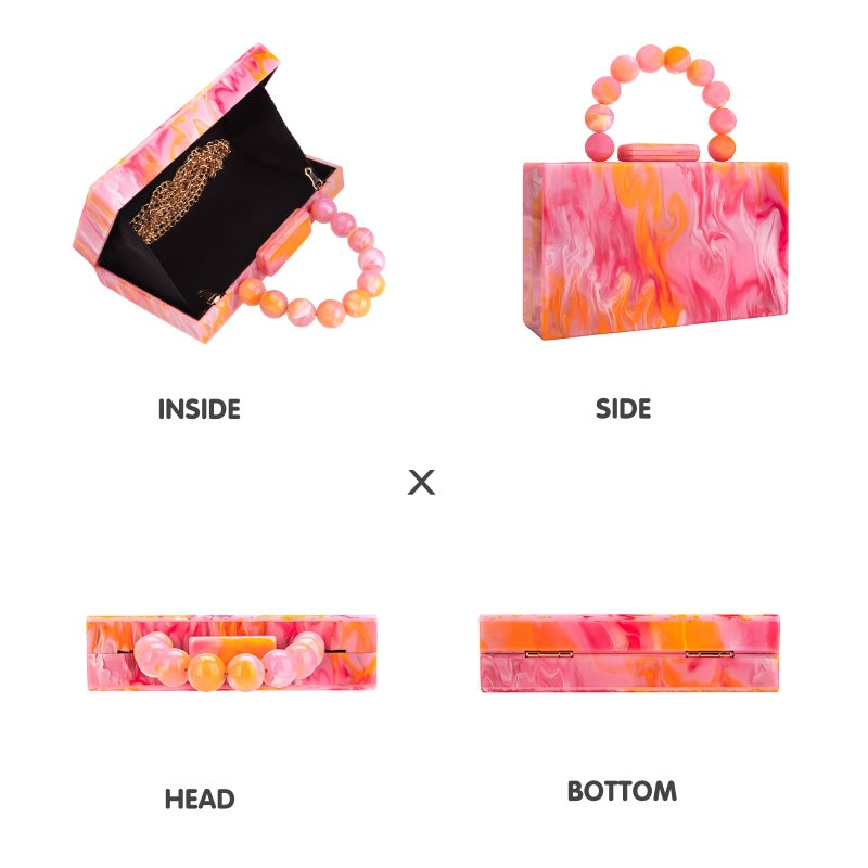 Jessie Acrylic Purses Evening Clutch Bag Marbling Handbags for Women Cross Body Bag with Pearl Chain Formal Wedding Prom Party(Orange) - Image 4