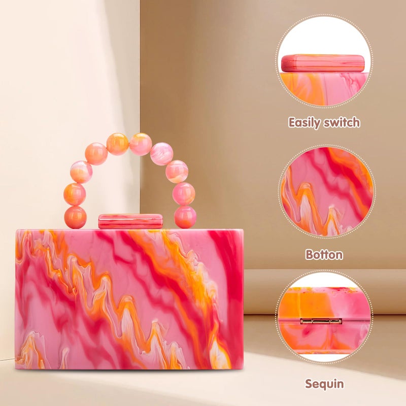 Jessie Acrylic Purses Evening Clutch Bag Marbling Handbags for Women Cross Body Bag with Pearl Chain Formal Wedding Prom Party(Orange) - Image 3