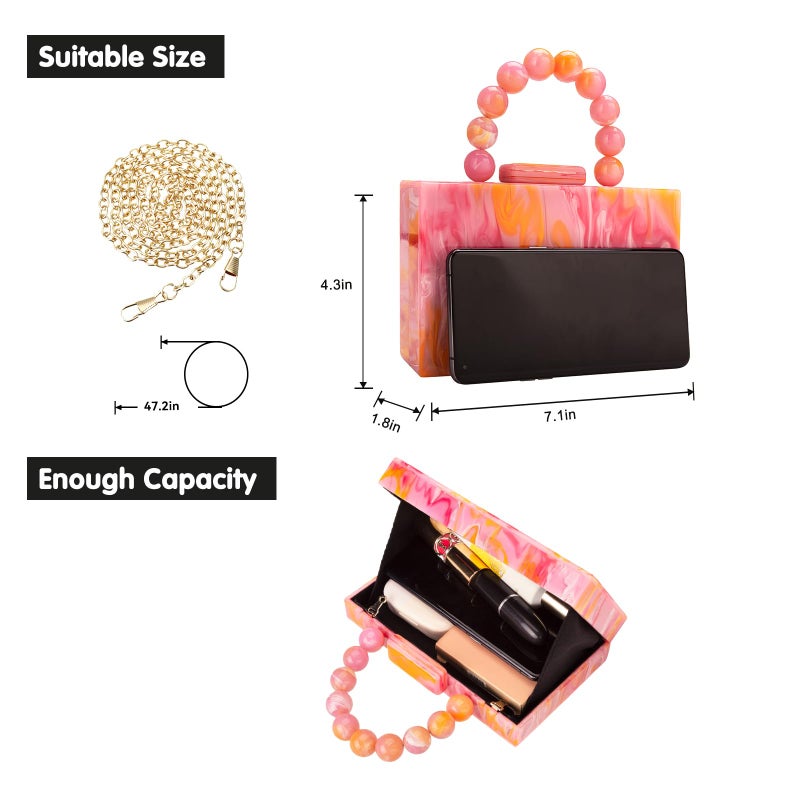 Jessie Acrylic Purses Evening Clutch Bag Marbling Handbags for Women Cross Body Bag with Pearl Chain Formal Wedding Prom Party(Orange) - Image 5