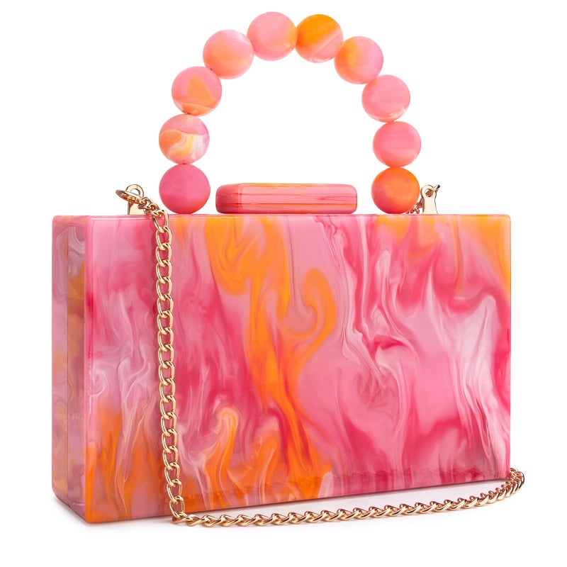 Jessie Acrylic Purses Evening Clutch Bag Marbling Handbags for Women Cross Body Bag with Pearl Chain Formal Wedding Prom Party(Orange) - Image 1