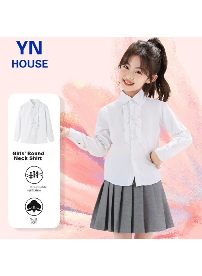 Yinuofang Kids White Long Sleeve Shirt School Uniform Girls' Shirt: White Long Sleeve 140cm - Image 1