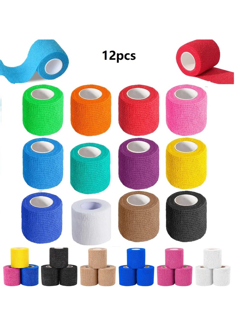 عبوة من 12 ضمادة لاصقة ذاتية اللصق، 1 بوصة × 5 ياردات، ضمادة مرنة متماسكة، شريط رياضي ملون، ضمادة بيطرية، شريط كاحل - Image 1