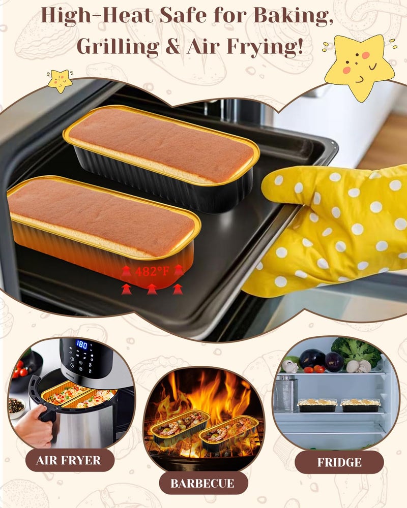 YQER 100 Pack Mini Loaf Pans with Lids, Spoons & Stickers â€“ Disposable Aluminum Foil Baking Cake Containers for Oven, Air Fryer & Freezer â€“ Ideal for Cakes, Bread, Pudding, Parties & Gifting, Black - Image 4