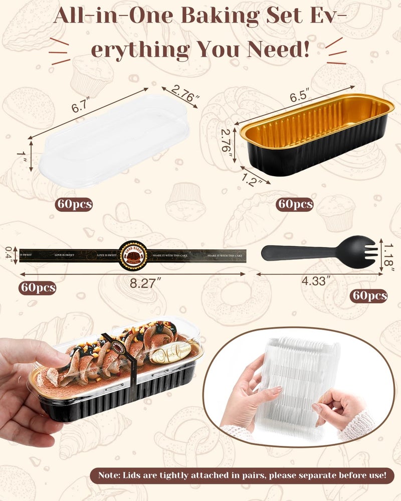 YQER 100 Pack Mini Loaf Pans with Lids, Spoons & Stickers â€“ Disposable Aluminum Foil Baking Cake Containers for Oven, Air Fryer & Freezer â€“ Ideal for Cakes, Bread, Pudding, Parties & Gifting, Black - Image 2