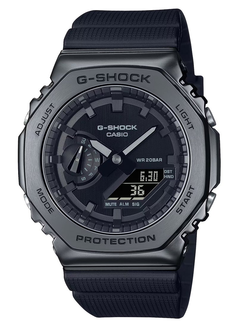 G-SHOCK 1ADR New Casio Men Watch G-Shock Octagonal Metal Cover Digital Analog Black Dial Resin Band GM-2100BB-1ADR, Black, strap 