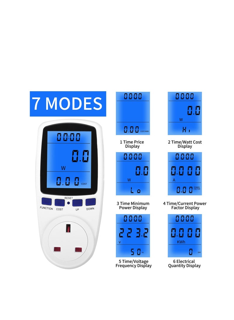 SOLARAE Power Meter Energy Monitor 240V/13A Watt Meter Plug UK, Power Meter Electricity Usage Monitor, With Backlight LCD Display and 7 Monitoring Modes for Home Hotel Blue Backlight - Image 4