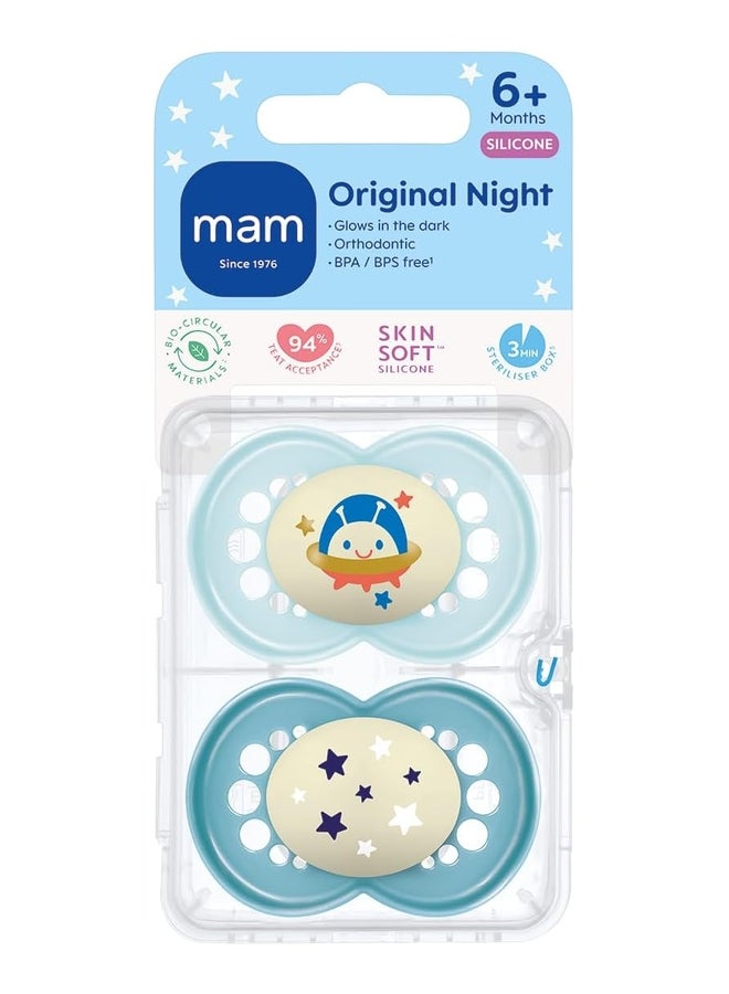 MAM Original Night Glow-in-the-Dark Silicone Pacifiers, 6+ Months, Boy , Pack of 2 - Image 1