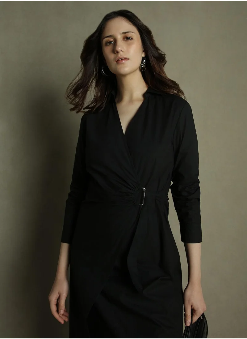 Dennis Lingo Women's Black 100% Cotton Solid Regular Fit Dress