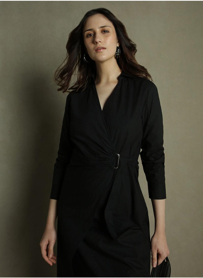 Dennis Lingo Women's Black 100% Cotton Solid Regular Fit Dress  - Image 1