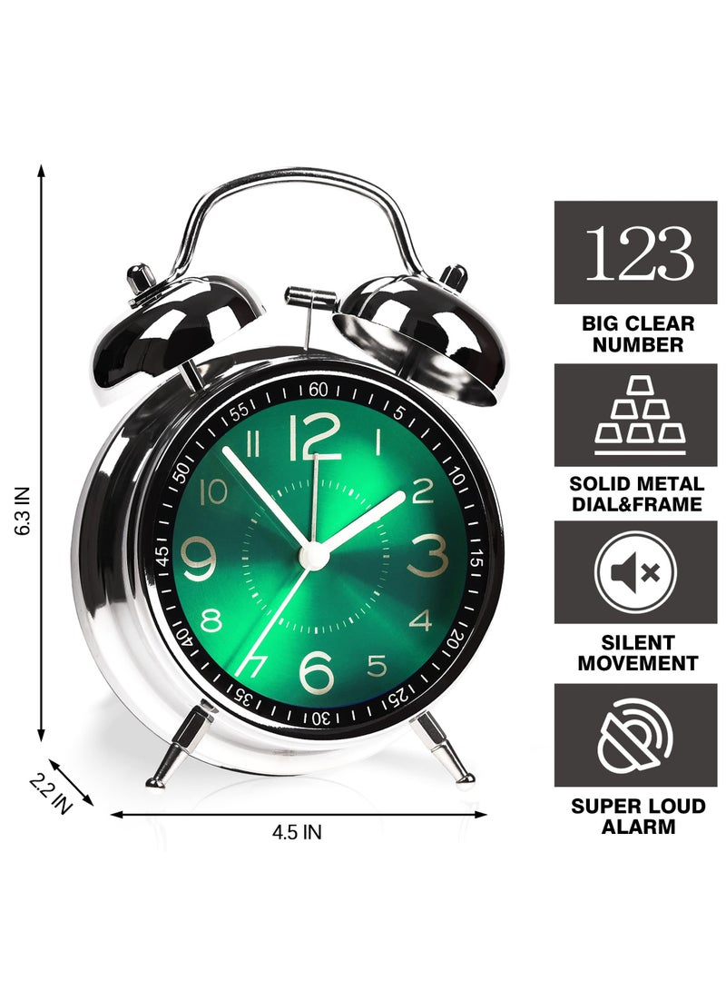 Super Alarm Clock Suitable For Adult Heavy Sleepers, Dual Bell Retro 4-Inch Silent Non Ticking Quartz With Backlight, Metal Dial, Bedroom Bedside Alarm Clock (Green)  - Image 2