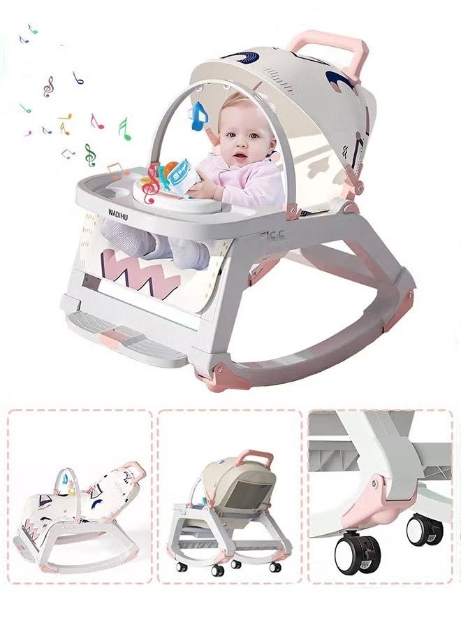 MIXDE - 5 in 1 Multifunctional Baby Rocking Chair, Babies Rocker and Booster Seat, Dining Chair for Kids, Toddler Stroller With Sunshade Shed, Music and Hanging Toys - Image 1