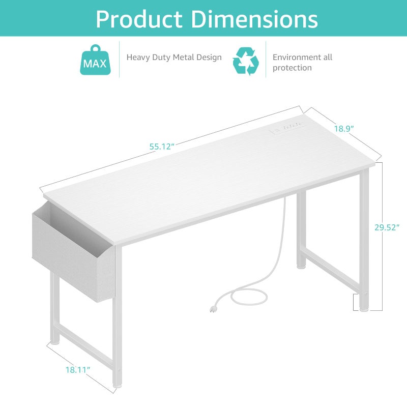 Lufeiya White Computer Desk with Power Outlet, 55 inch Teen Study Table Home Office Work Writing Gaming Desks with Charging Station Outlets Built in, White - Image 3