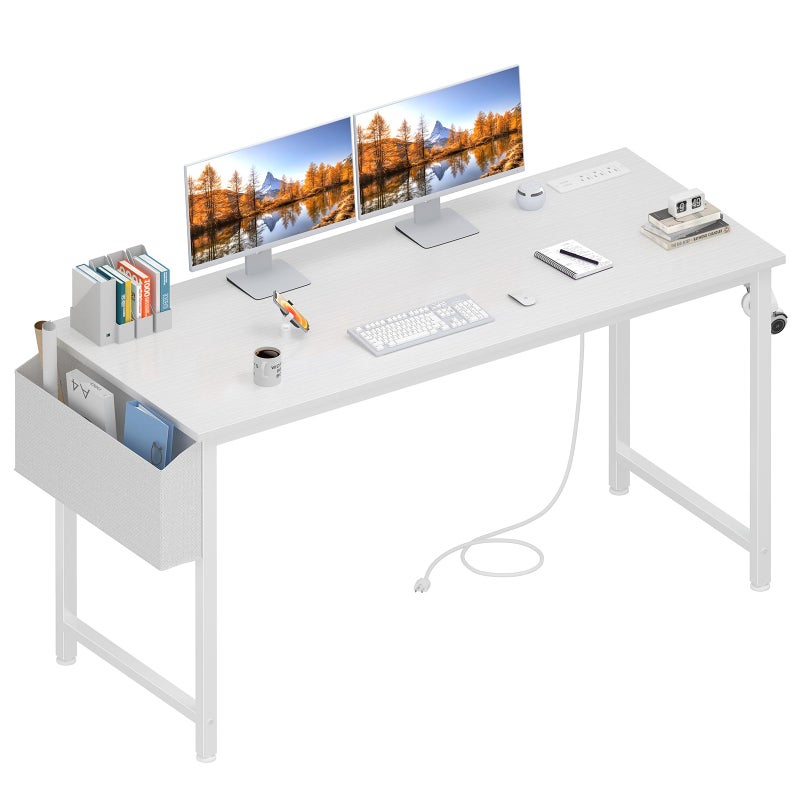 Lufeiya White Computer Desk with Power Outlet, 55 inch Teen Study Table Home Office Work Writing Gaming Desks with Charging Station Outlets Built in, White - Image 1