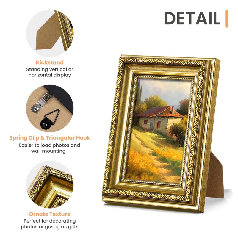 upsimples 4x6 Picture Frame with Real Glass, Ornate Vintage 4 x 6 Photo Frames for Wall Decor or Tabletop Display, Gold, 2 Pack - Image 5