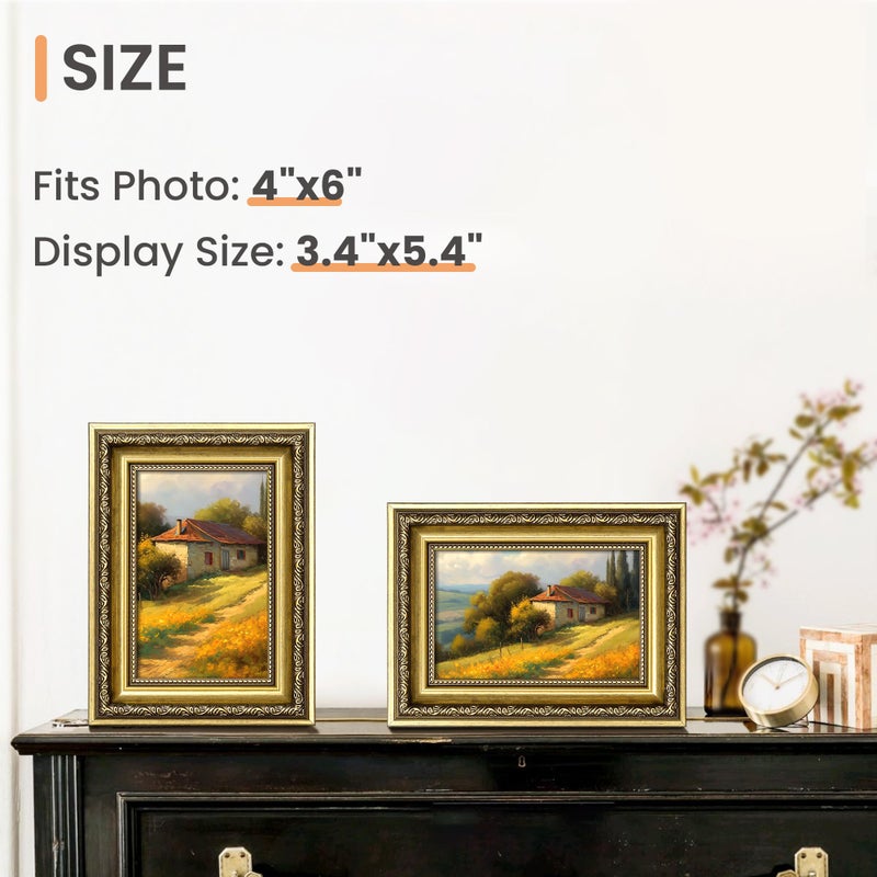 upsimples 4x6 Picture Frame with Real Glass, Ornate Vintage 4 x 6 Photo Frames for Wall Decor or Tabletop Display, Gold, 2 Pack - Image 3