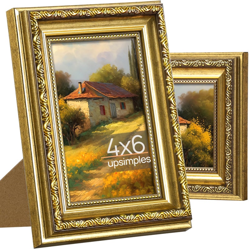 upsimples 4x6 Picture Frame with Real Glass, Ornate Vintage 4 x 6 Photo Frames for Wall Decor or Tabletop Display, Gold, 2 Pack - Image 1