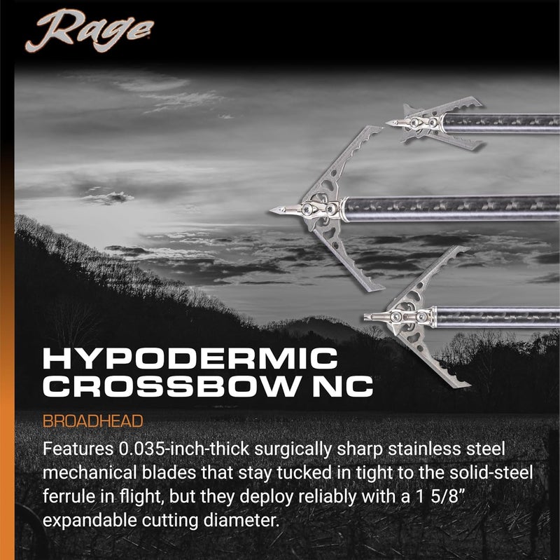 Rage Hypodermic Crossbow NC 2-Blade Hunting Arrow Broadhead (3 Pack) Exclusive Hybrid Tip, Machined Stainless Steel Ferrule, No Collar Blade Lock, .035” Swept-back Blades, Huge 2” Cut, 100 & 125 Grain - Image 2