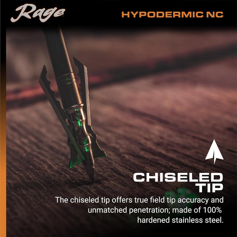 Rage Hypodermic Crossbow NC 2-Blade Hunting Arrow Broadhead (3 Pack) Exclusive Hybrid Tip, Machined Stainless Steel Ferrule, No Collar Blade Lock, .035” Swept-back Blades, Huge 2” Cut, 100 & 125 Grain - Image 4