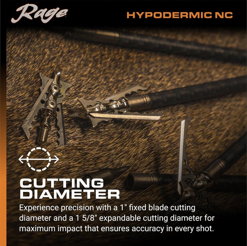 Rage Hypodermic Crossbow NC 2-Blade Hunting Arrow Broadhead (3 Pack) Exclusive Hybrid Tip, Machined Stainless Steel Ferrule, No Collar Blade Lock, .035” Swept-back Blades, Huge 2” Cut, 100 & 125 Grain - Image 3