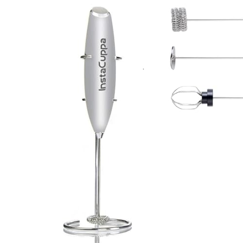 InstaCuppa Milk Frother Handheld Battery Operated Electric Foam Maker with Stainless Steel Whisk and Stand Included,Silver - Image 1