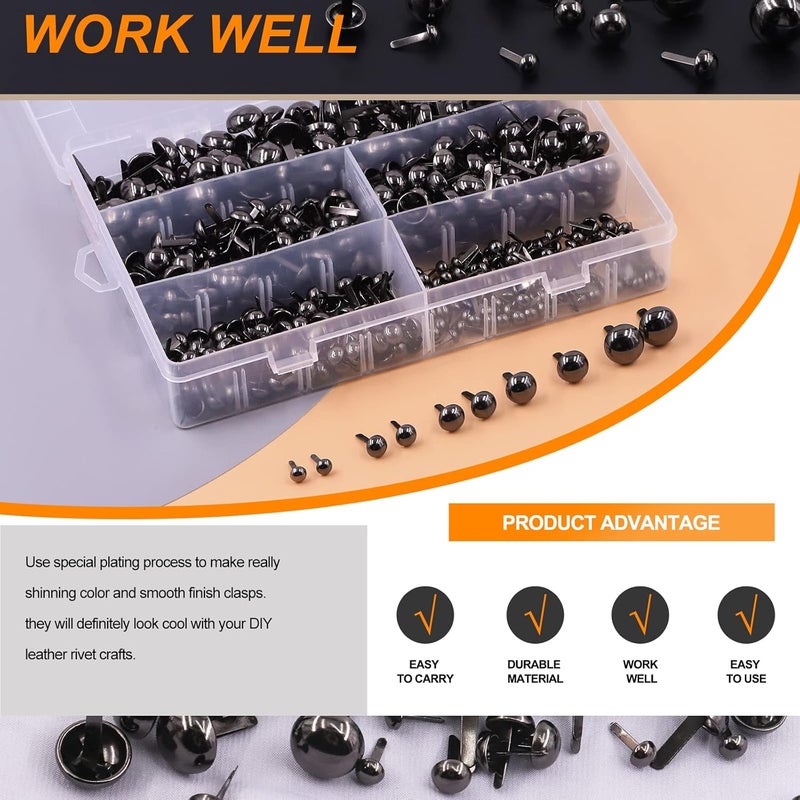 Rustark 500PCS 5 Sizes Black Paper Fasteners Round Brads Fasteners Assortment Kit Mushroom Head Paper Fasteners Brass Metal Brads Scrapbooking Decorative Paper Crafts School DIY Art Project Supplies - Image 5