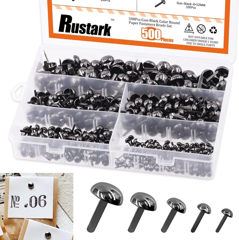Rustark 500PCS 5 Sizes Black Paper Fasteners Round Brads Fasteners Assortment Kit Mushroom Head Paper Fasteners Brass Metal Brads Scrapbooking Decorative Paper Crafts School DIY Art Project Supplies - Image 1