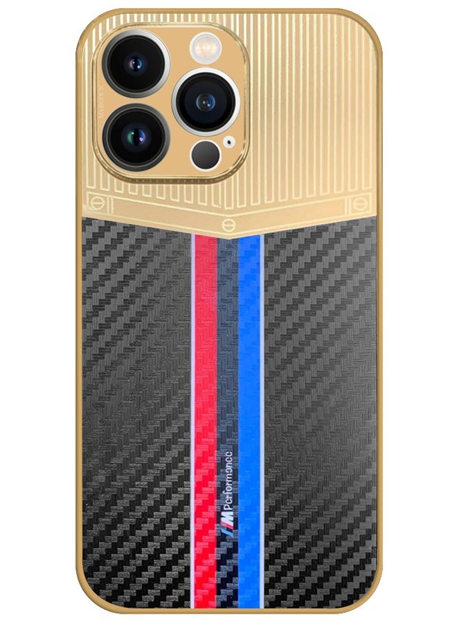 CATANES Luxury Gold Plated Case for iPhone 13 Pro - Hybrid Electroplated Frame Back Cover with Carbon Fiber Texture - Racing Stripe Pattern Black - Image 1