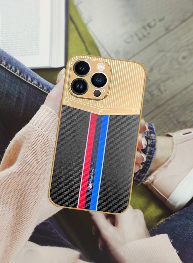 CATANES Luxury Gold Plated Case for iPhone 13 Pro - Hybrid Electroplated Frame Back Cover with Carbon Fiber Texture - Racing Stripe Pattern Black - Image 2