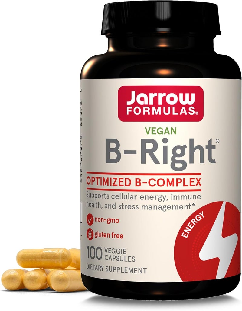 Jarrow Formulas BRight Optimized B Complex Featuring Vitamin B1 B2 B5 B6 B12 and B9 to Support Cellular Energy Immune Health and Stress Management 100 Veggie Capsules Up to a 100 Day Supply - Image 1