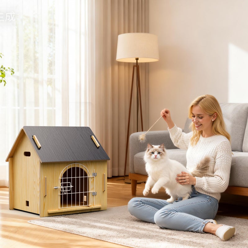 Jatindear Indoor Dog House, Cozy Wooden Design with Ventilation and Raised Base, Small Bed House with Door Lock Suitable for Small Dogs or Cats, Gray, 20"x 15.75"x 20.5" - Image 2