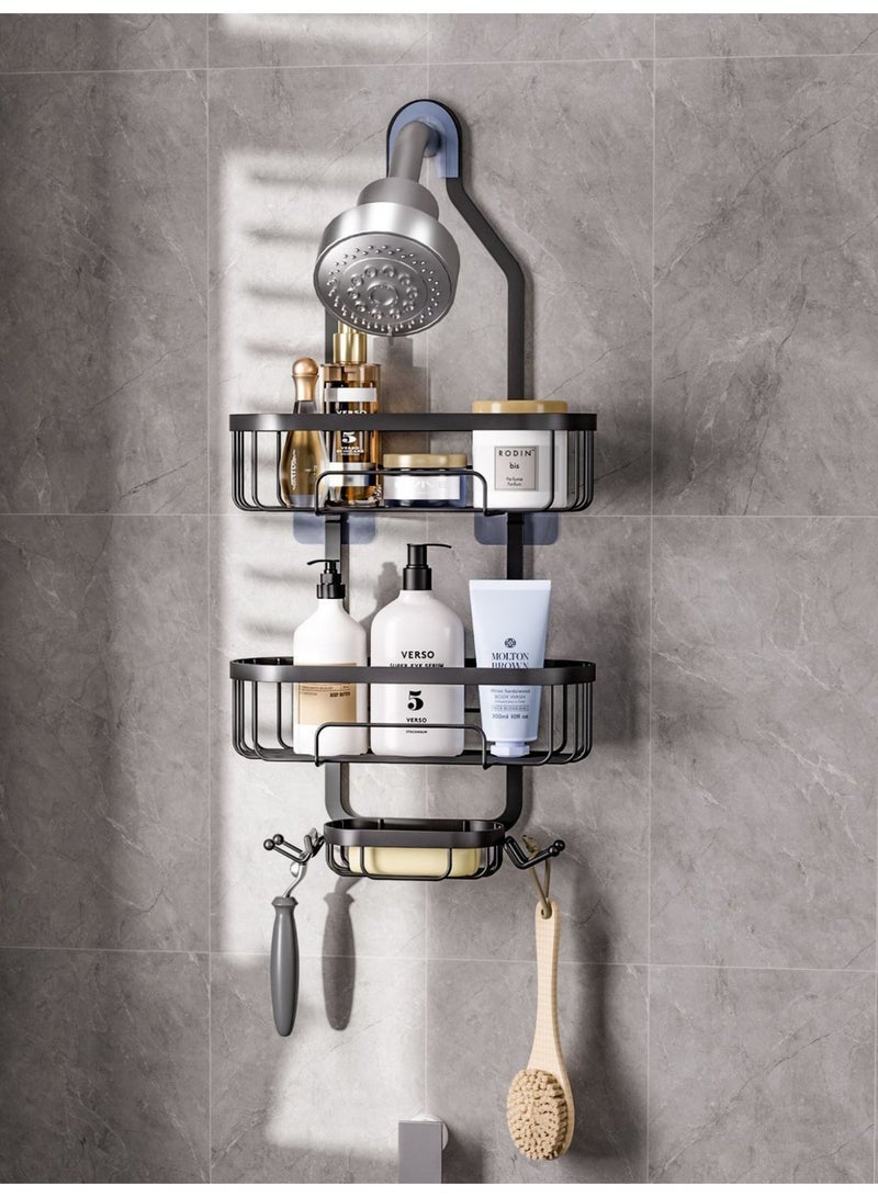 Genie Jar Bathroom Shower Caddy Hanging - 3 Tier Shower Head Organizer, No Drilling Bathroom Shelf with 4 Hooks & Soap Holder, Anti-Swing Rack for Shampoo,Sponge,Towel, Black - Image 1