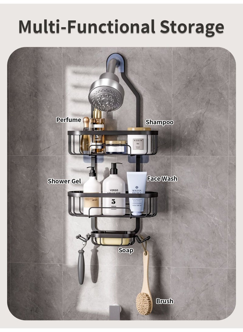 Genie Jar Bathroom Shower Caddy Hanging - 3 Tier Shower Head Organizer, No Drilling Bathroom Shelf with 4 Hooks & Soap Holder, Anti-Swing Rack for Shampoo,Sponge,Towel, Black - Image 3