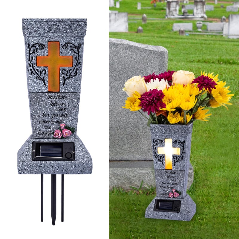 Huyieno Solar Cemetery Vase with LED for Flash Flower Grave Grave Flower Cross Vase Headstones مع هدايا التذكارية للزخارف المقطوعة لفقدان أحد أفراد أسرته