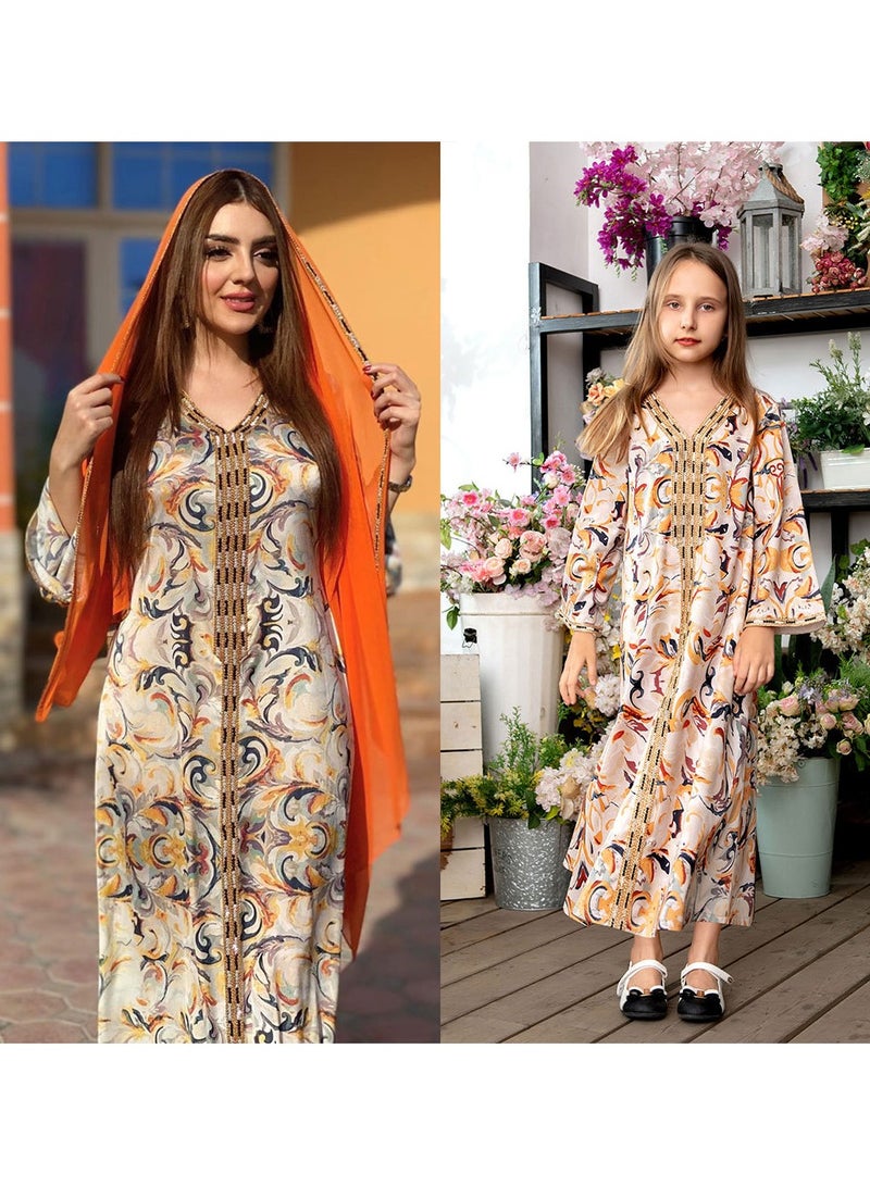 NIBEMINENT Hot Sale Best Quality Printed Robes Long Sleeve for Women Parent-Child Muslim Women's Hijab Dress  - Image 3
