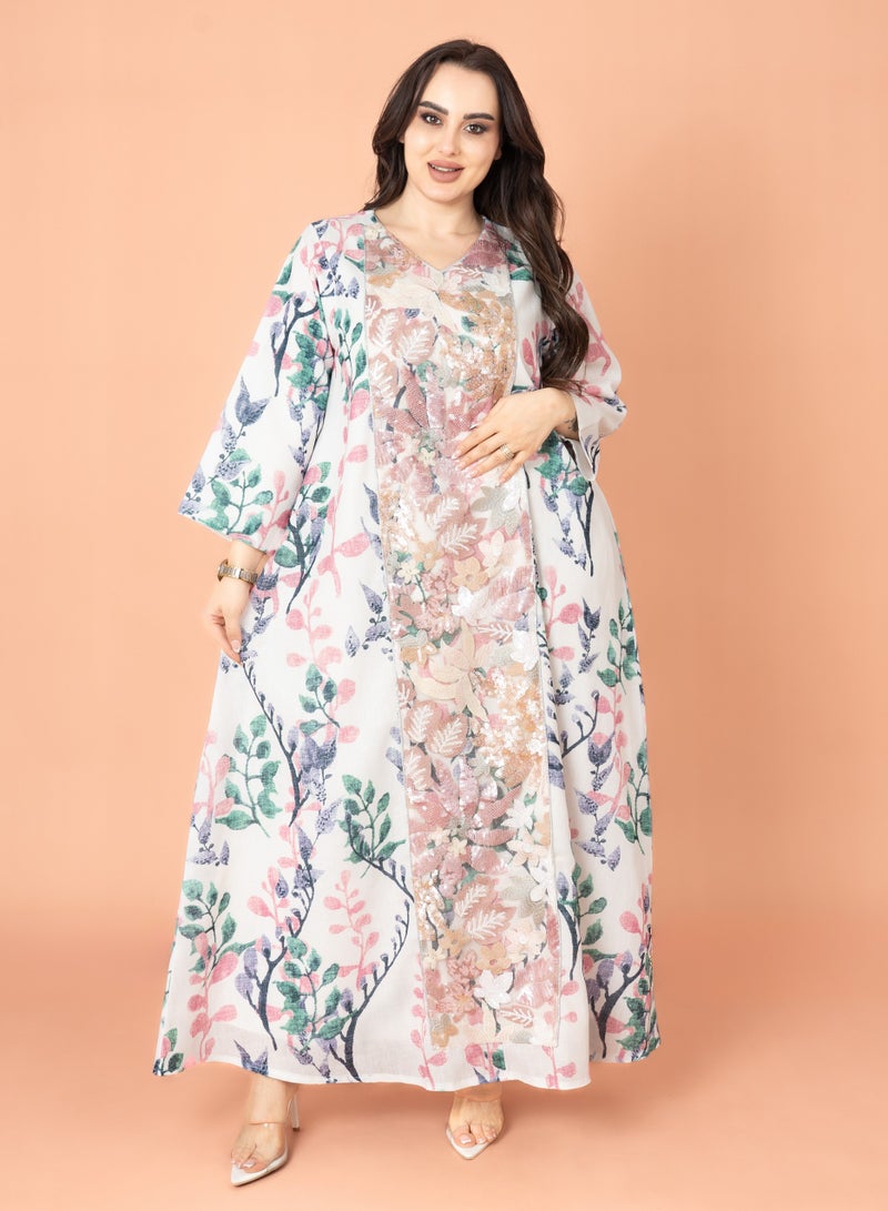 اكسا جلابية ابليك قصة واسعة وردي - Image 1