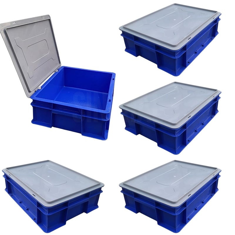SINGHAL SINGHAL Plastic Crate 40x30x12 CM With Lid Pack of 5 Multipurpose Heavy Duty Big Blue Portable Crates for storage Shelf Basket for Large Storage Bin Vegetable Fruit Milk  - Image 1