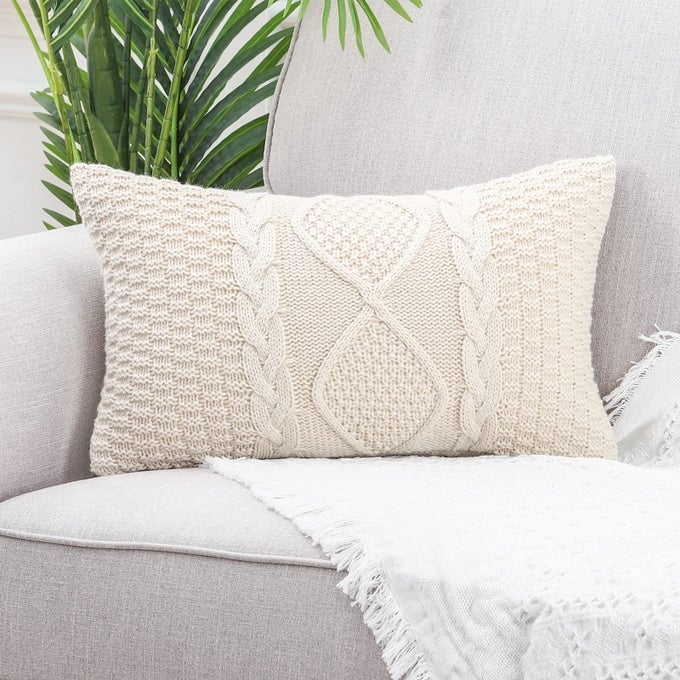 COTTON KNITTED BEIGE DECORATIVE LUMBAR THROW PILLOW COVERS SOFT COZY OUTDOOR CUSHION CASES LUXURY MODERN PILLOWCASES FOR COUCH SOFA BED 12X20 INCHES