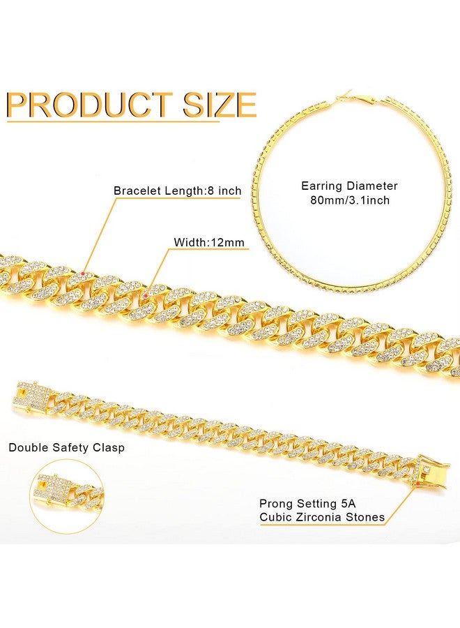 Batiyeer سلسلة قلادة رابط مع سوار وأقراط مزينة بالأحجار اللامعة قلادة سوار كريستال بحلقة كبيرة للنساء (ذهب 18 بوصة) - Image 3