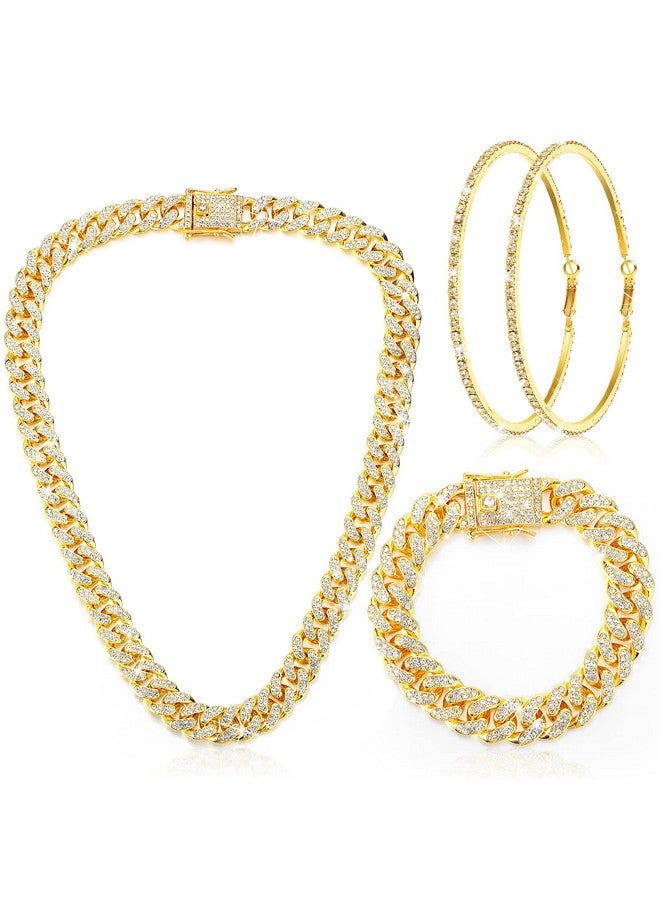 Batiyeer سلسلة قلادة رابط مع سوار وأقراط مزينة بالأحجار اللامعة قلادة سوار كريستال بحلقة كبيرة للنساء (ذهب 18 بوصة) - Image 1