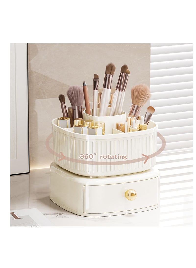 SYOSI 360° Rotating Makeup Brush Holder with Drawer - Vanity Organizer for Skincare and Makeup Storage - Elegant Ivory Cosmetic Organizer - Image 1