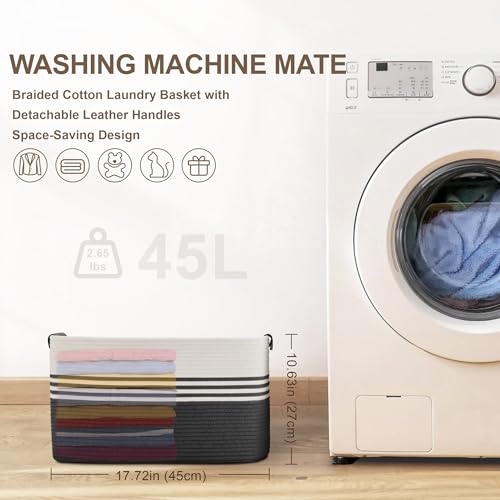 SunNewt 45L Small Laundry Basket with Leather Handles for Living Room Storage, Woven Rope Baskets Bin for Blanket, Kids Toy, Gifts, Wicker Hamper for Bedroom Dirty Clothes, 18"x14"x11" White Black - Image 4