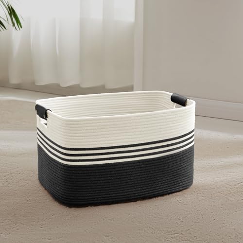 SunNewt 45L Small Laundry Basket with Leather Handles for Living Room Storage, Woven Rope Baskets Bin for Blanket, Kids Toy, Gifts, Wicker Hamper for Bedroom Dirty Clothes, 18"x14"x11" White Black - Image 1